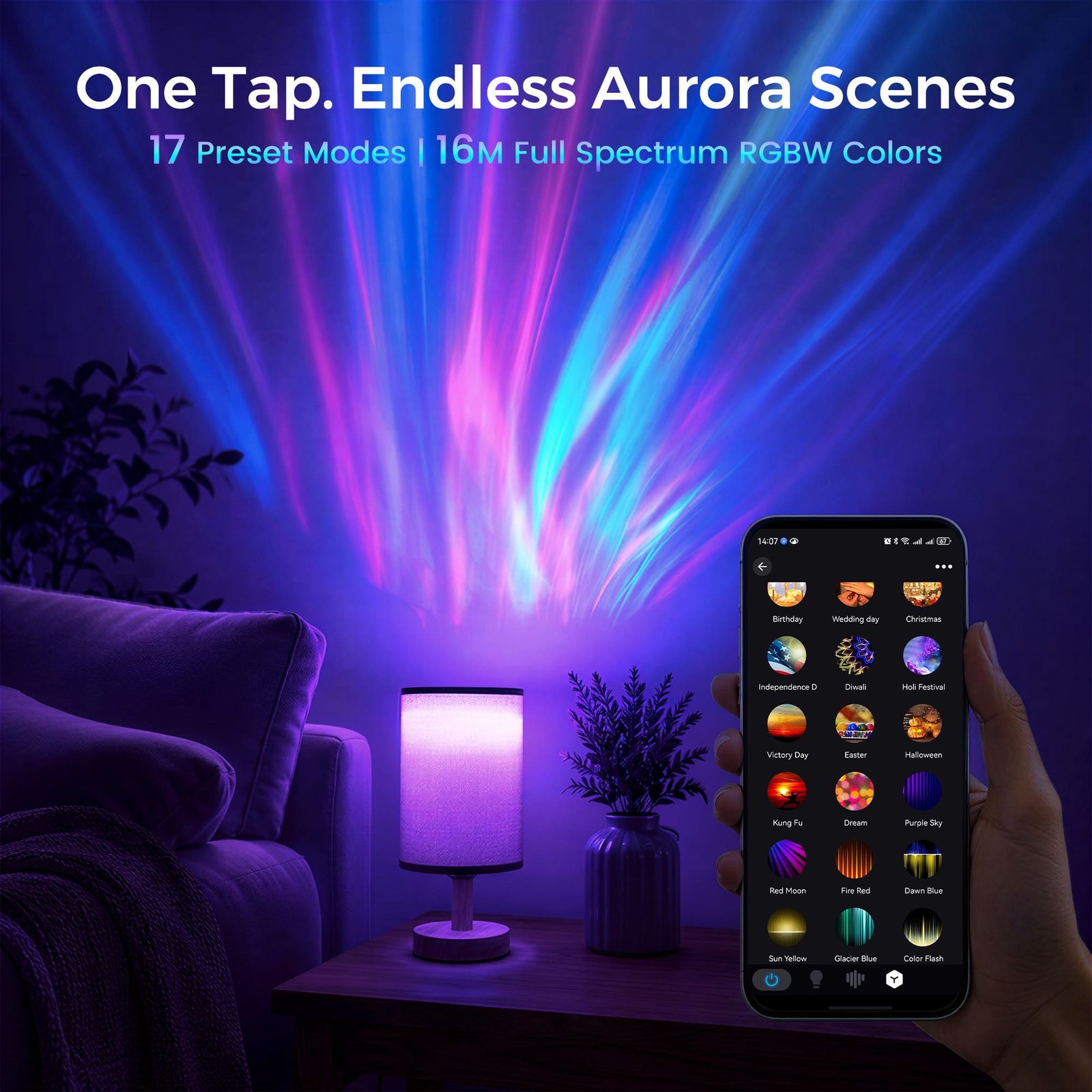 App screen showing the 17 preset aurora scene modes with the projection filling a living room