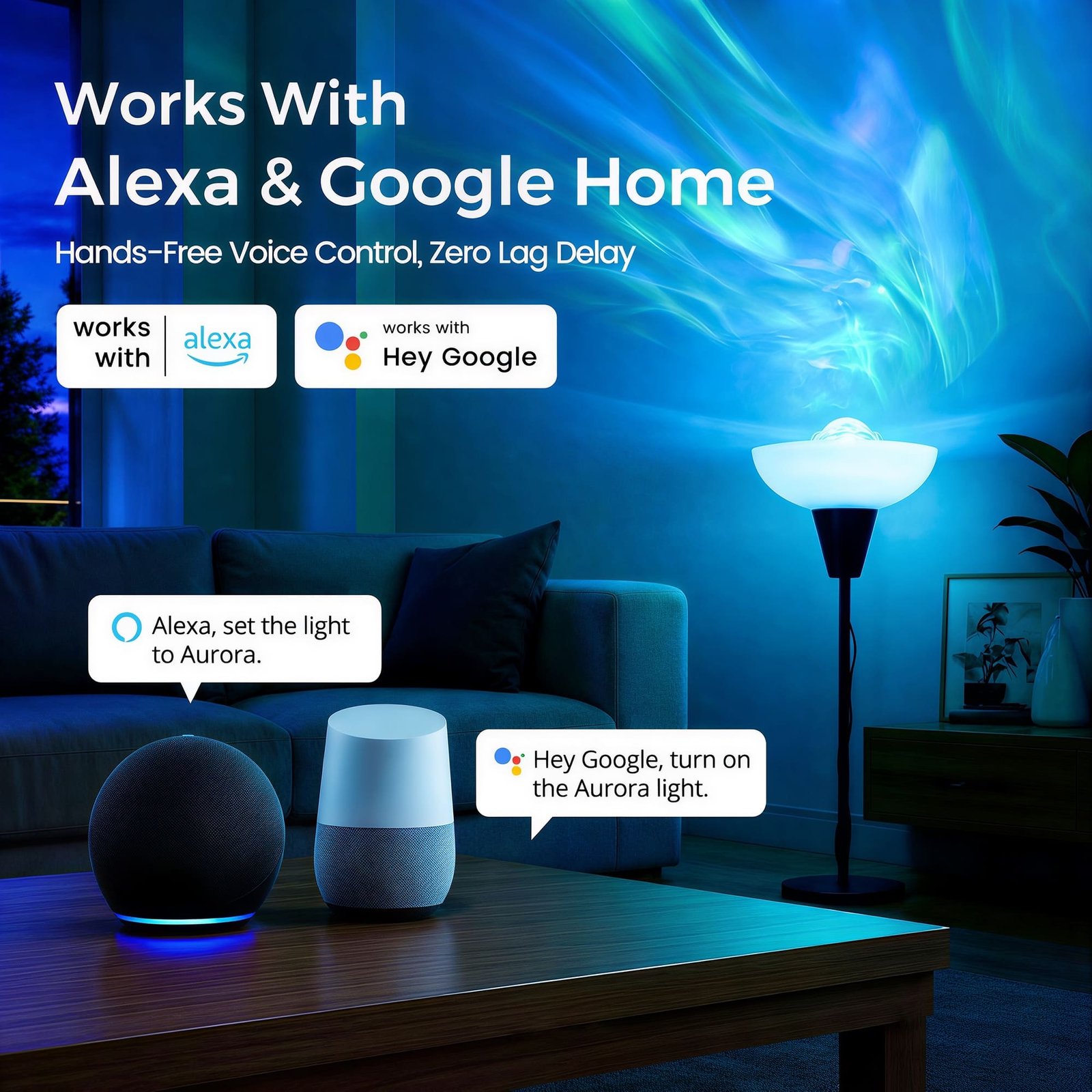 Aurora projection bulb controlled hands free through Alexa and Google Home smart speakers