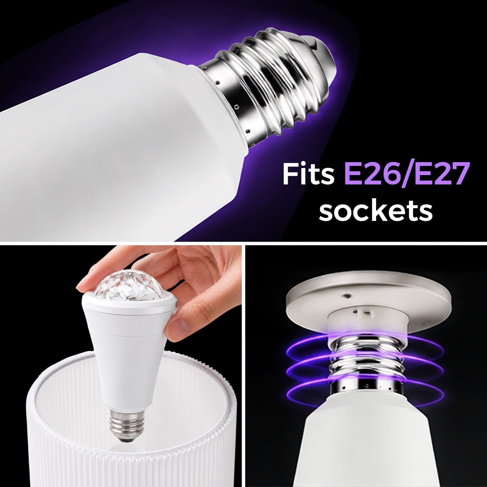 Close-up of the E26 E27 screw base and the bulb being fitted into a table lamp and a ceiling socket