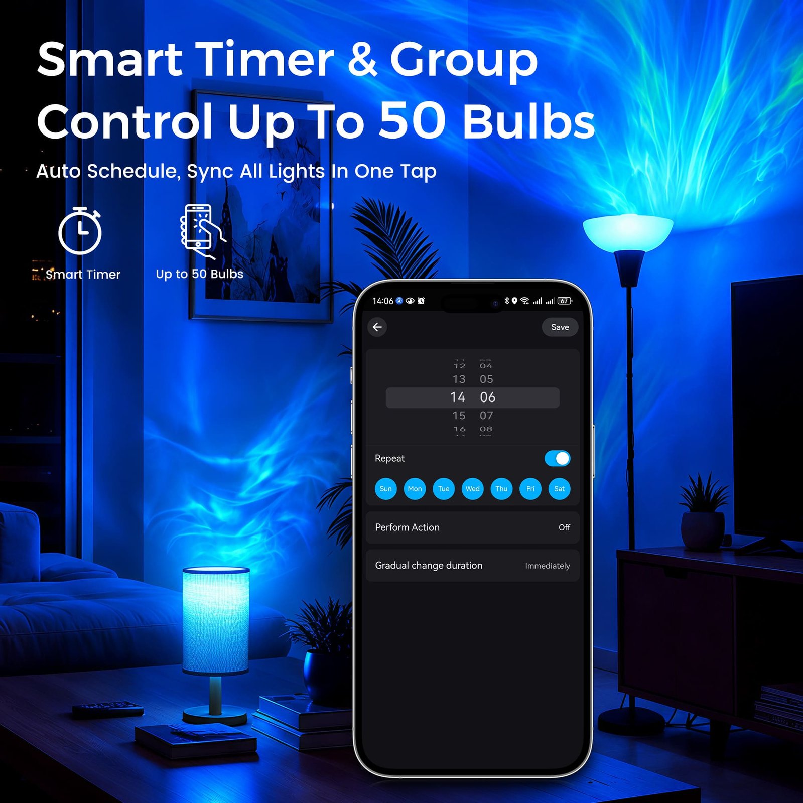 App timer and group control screen synchronizing up to 50 aurora projection bulbs