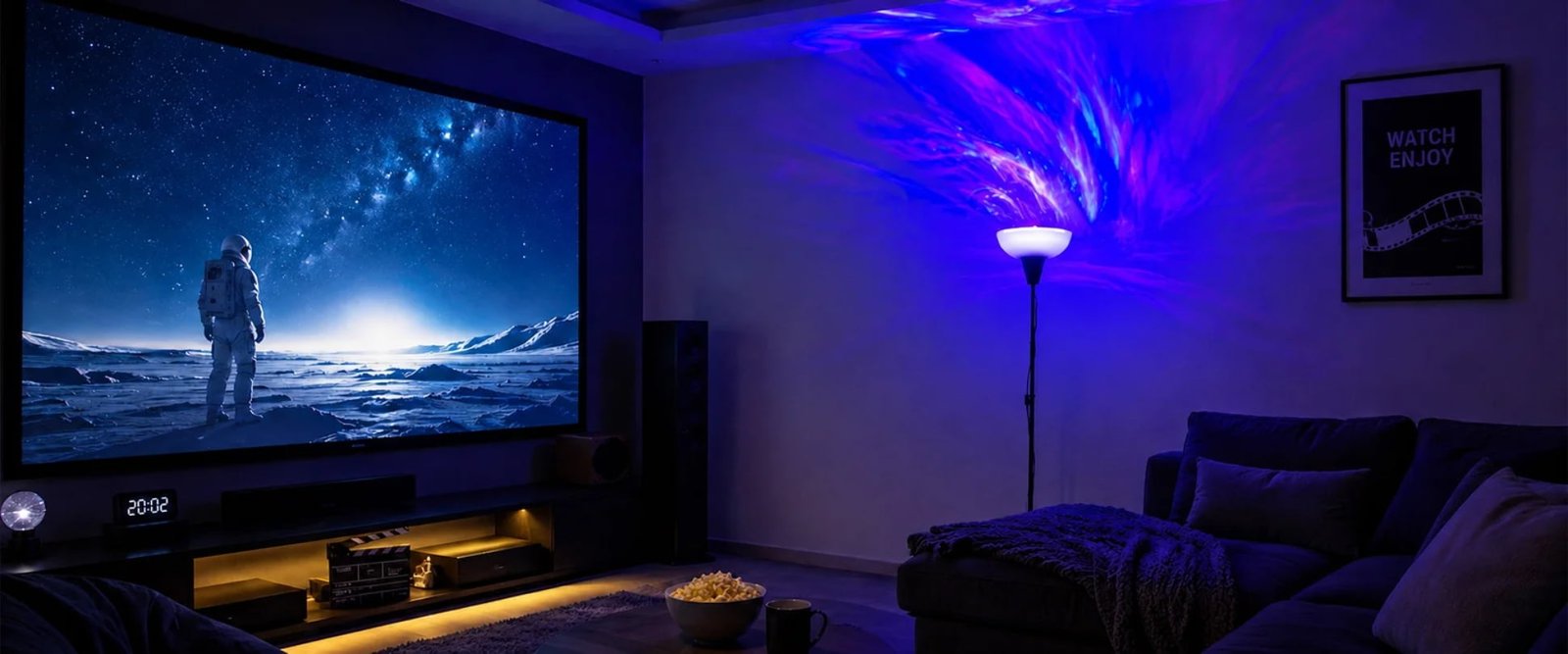 Living room floor lamp fitted with the aurora projection bulb, casting blue and violet aurora light across the ceiling beside a television