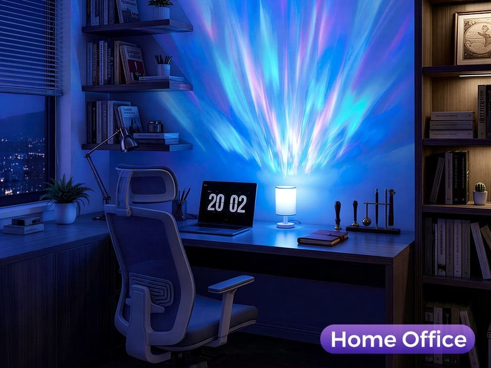 Home office desk lamp projecting blue and green aurora light across the wall and ceiling