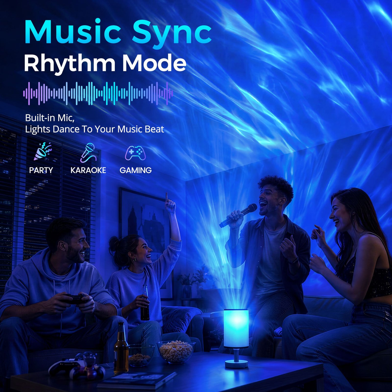 Music sync rhythm mode reacting to audio during a party, karaoke and gaming session