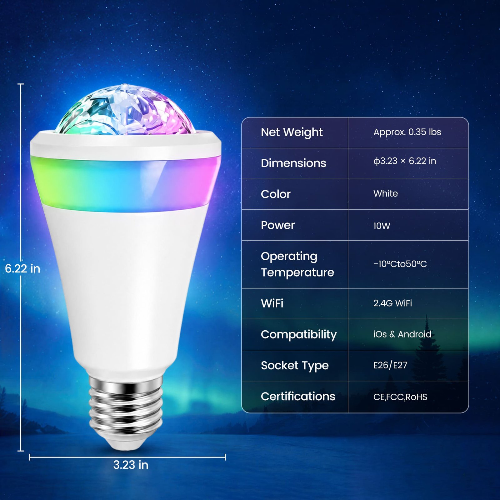 Specification sheet showing dimensions, 10W power, socket type and operating temperature