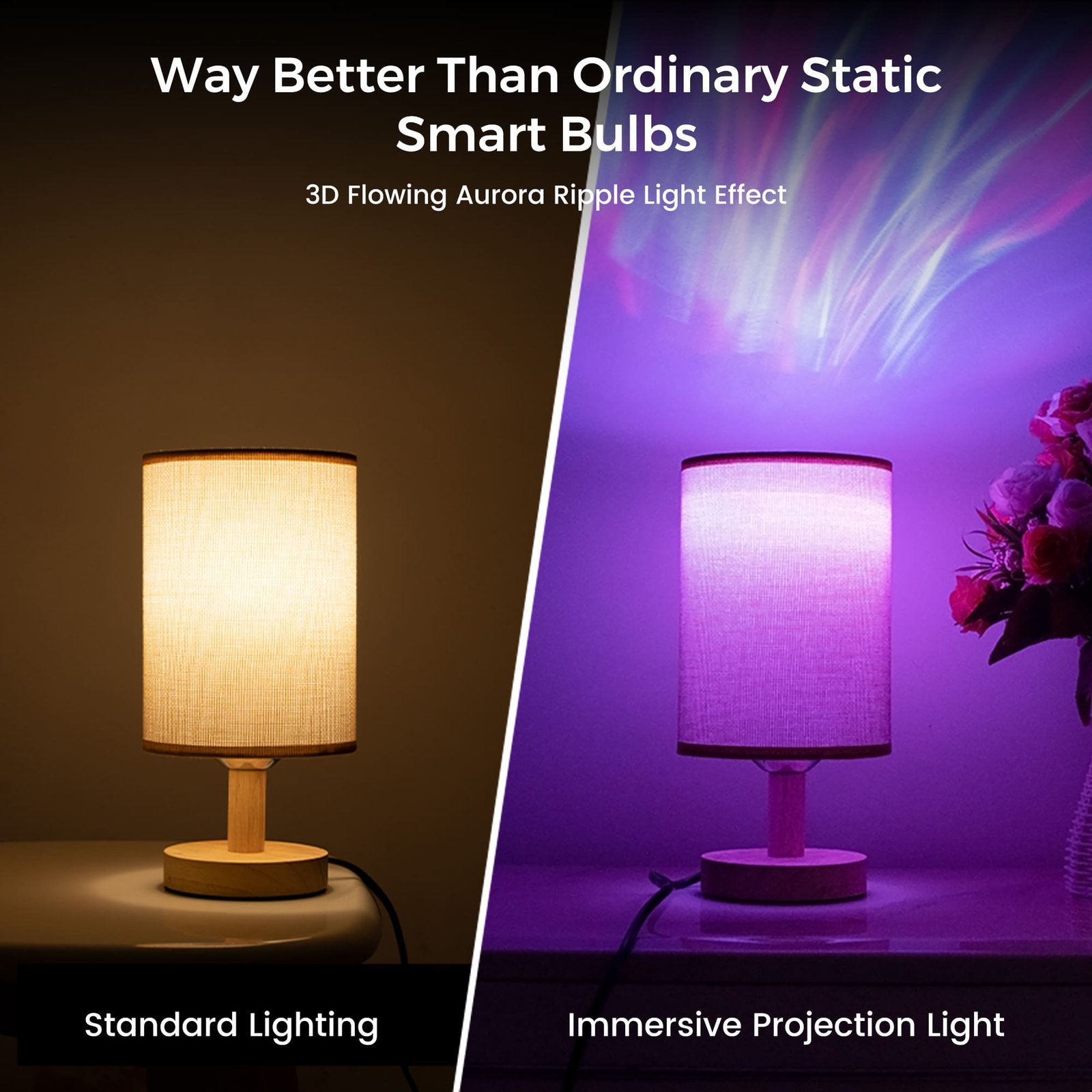 Side by side comparison of standard lamp lighting and the aurora projection bulb effect