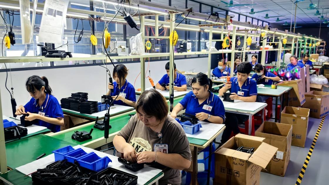 Bowlum workers assembling decorative projector products on a production line