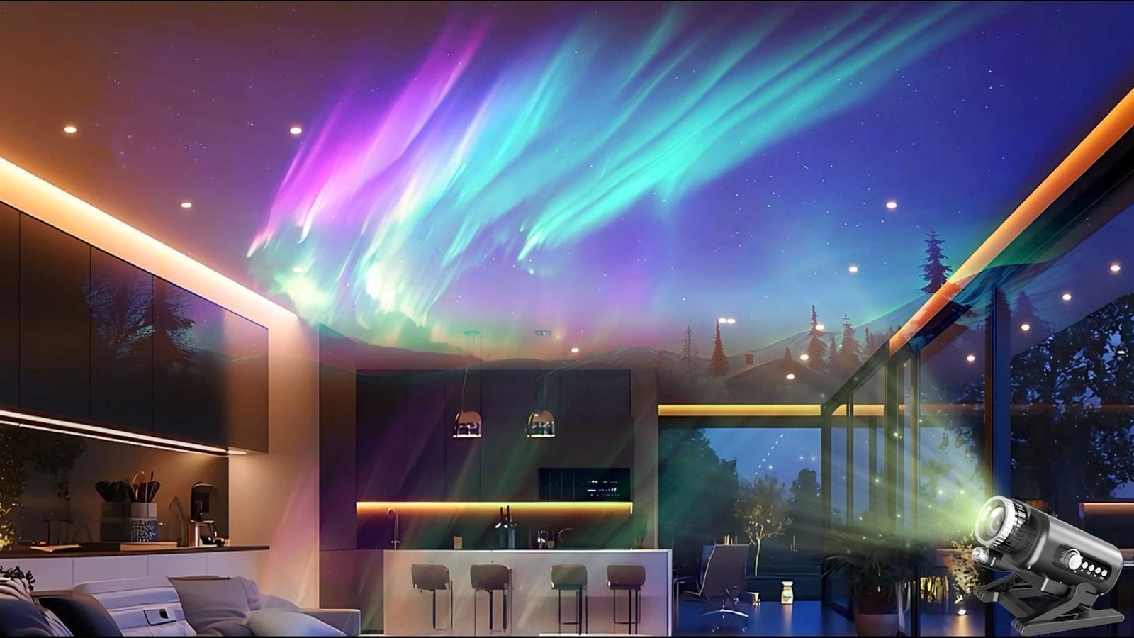 Star projector filling a bedroom with a moon, galaxy, and star-field scene