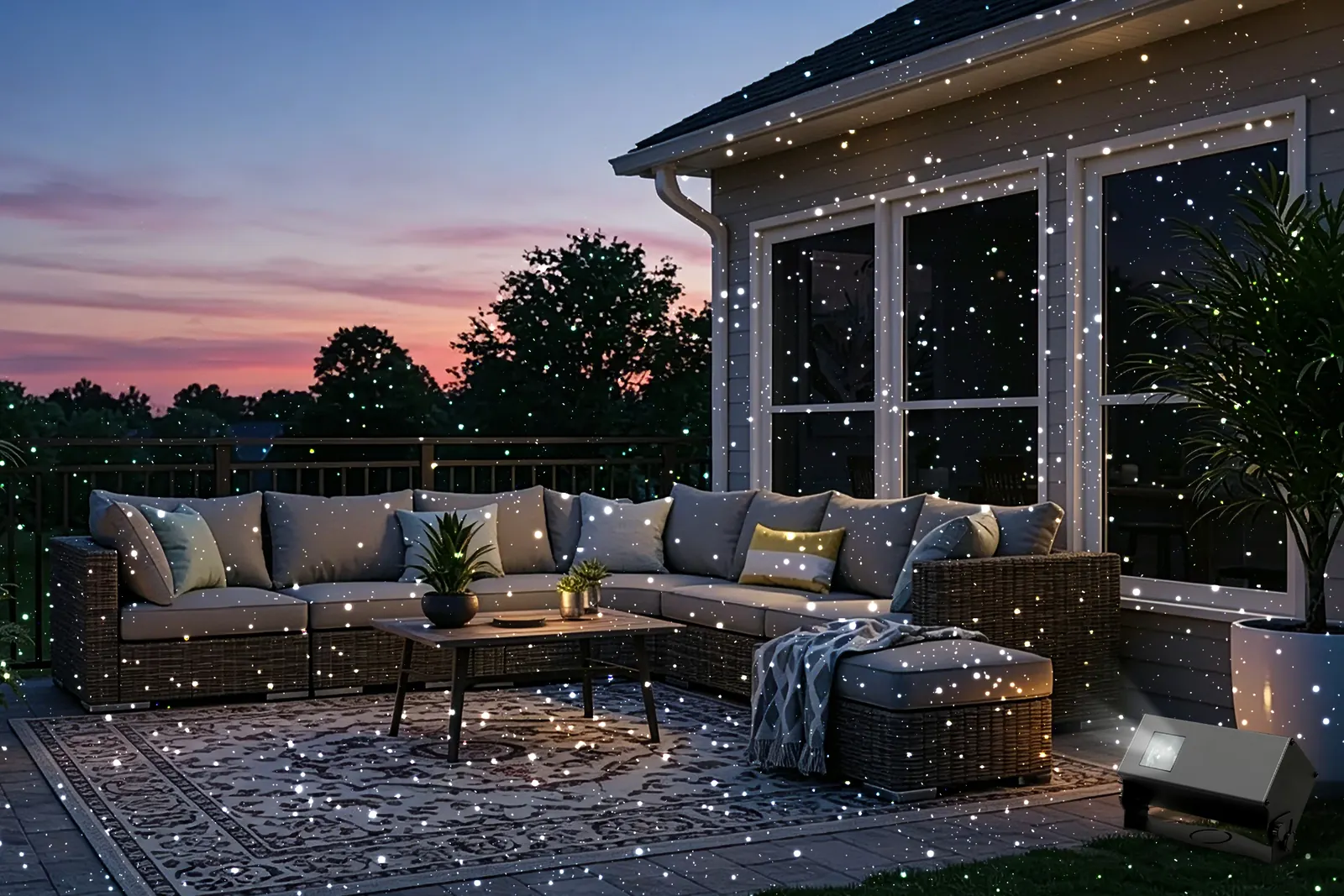 BWL-OL-001 projecting white decorative points across an outdoor patio and building