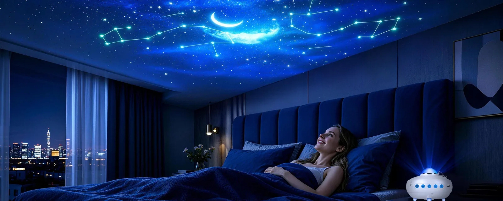 BWL-SP-001 projecting zodiac, star and aurora content across a bedroom ceiling